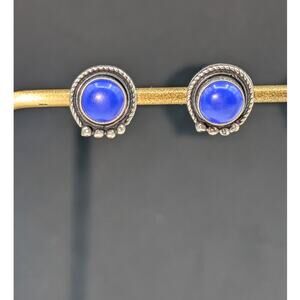 Vintage 925 Sterling Silver Lapis Lazuli Round Beaded Post Earrings